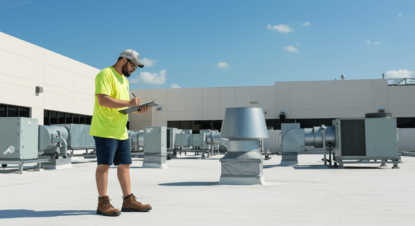 Commercial roof inspector assessing flat rooftop in Orlando for damage and wear