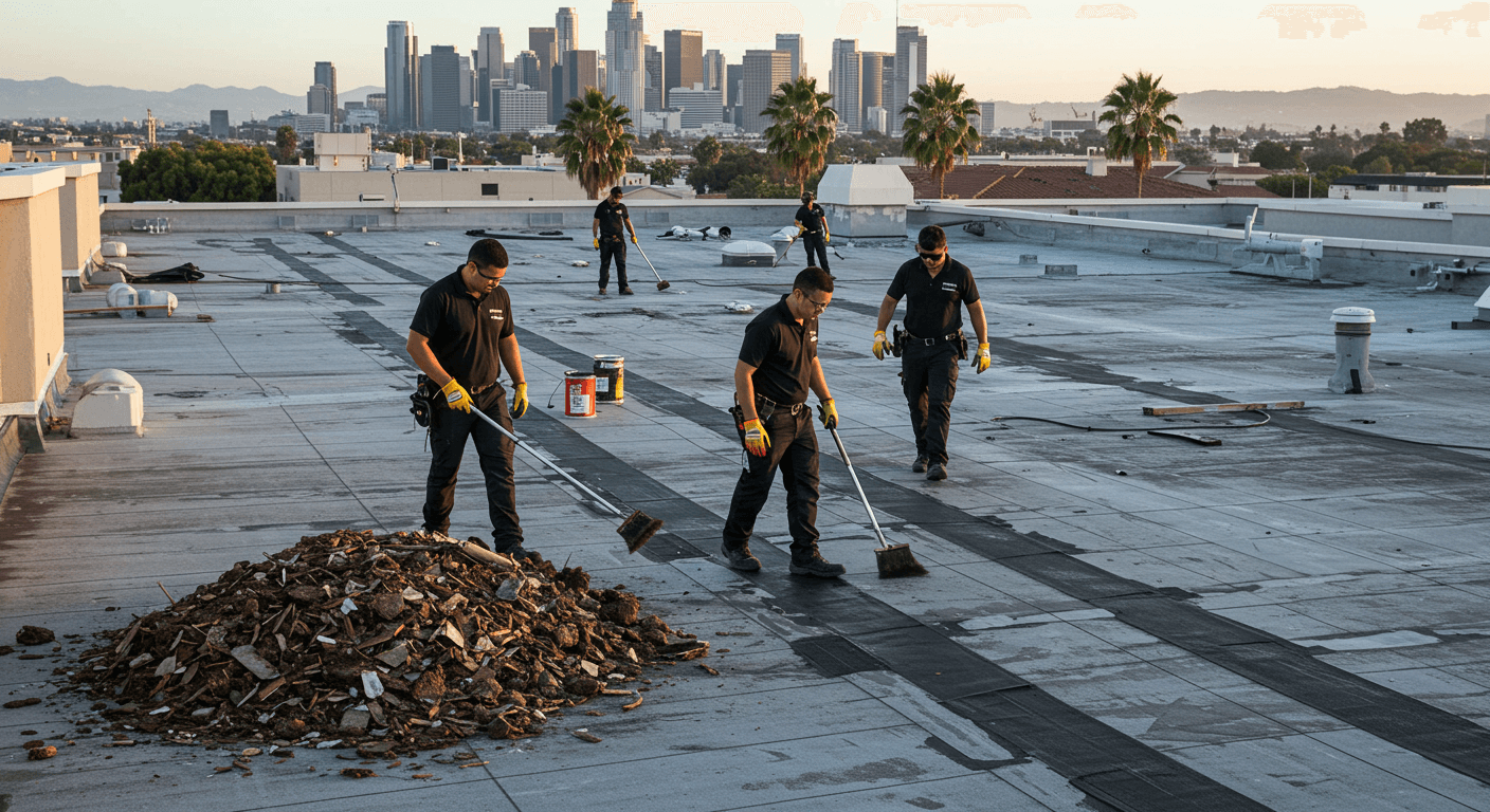 Roof maintenance team clearing debris and sealing edges on Orlando commercial building