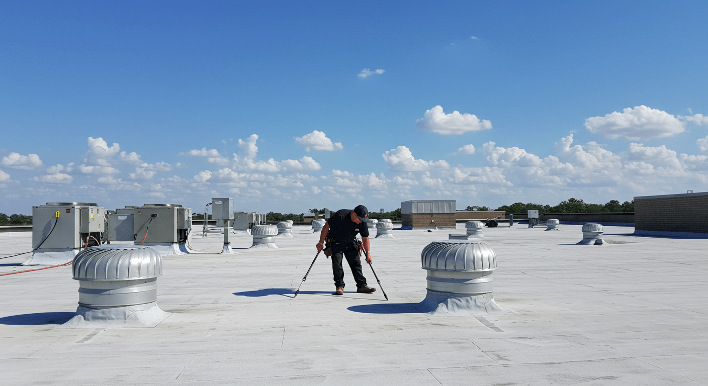 Contractor inspecting a flat commercial roof for damage under a clear Orlando sky, identifying cracks and wear around rooftop equipment.
