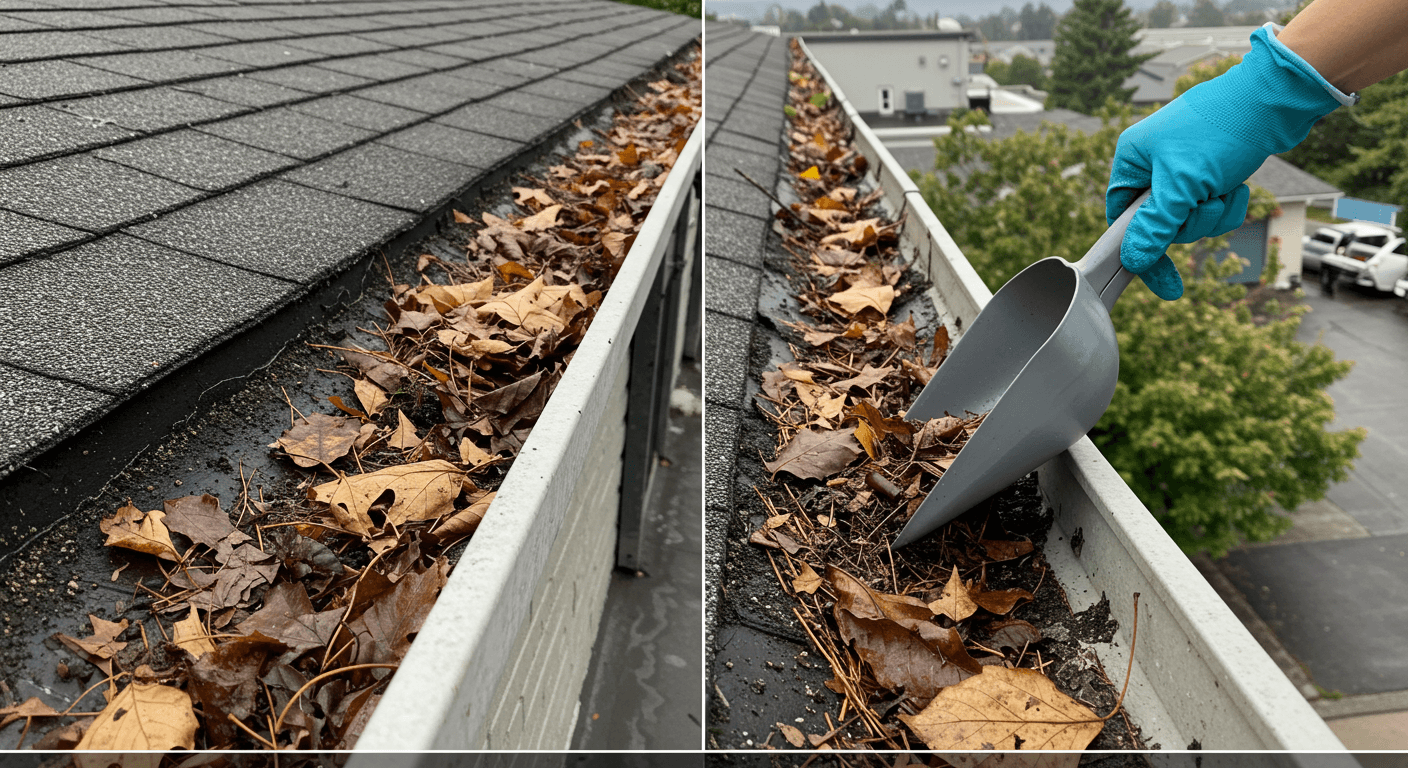 Person cleaning debris from a commercial roof gutter to prevent water buildup before Orlando’s rainy season.
