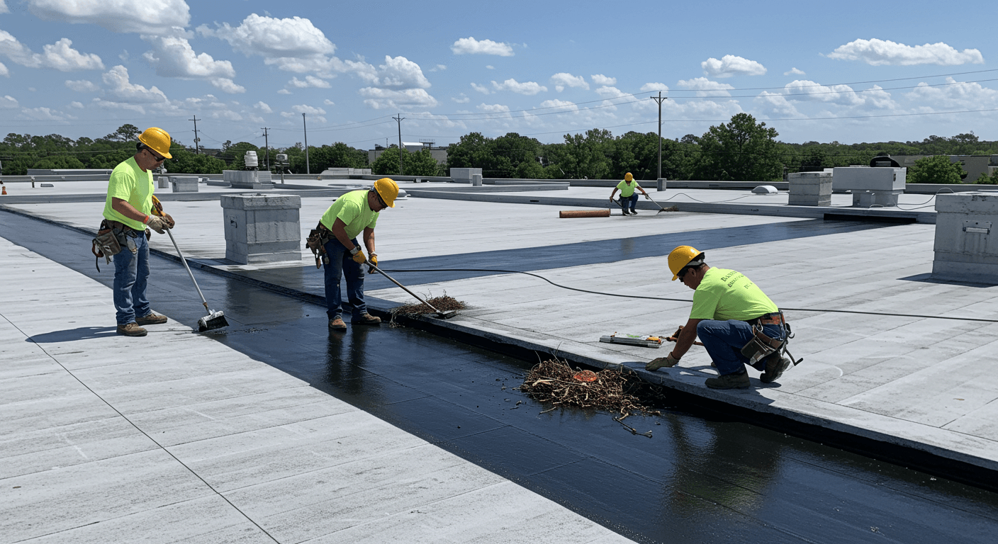 Team performing summer maintenance on a commercial roof in Orlando, including coating application and inspections.