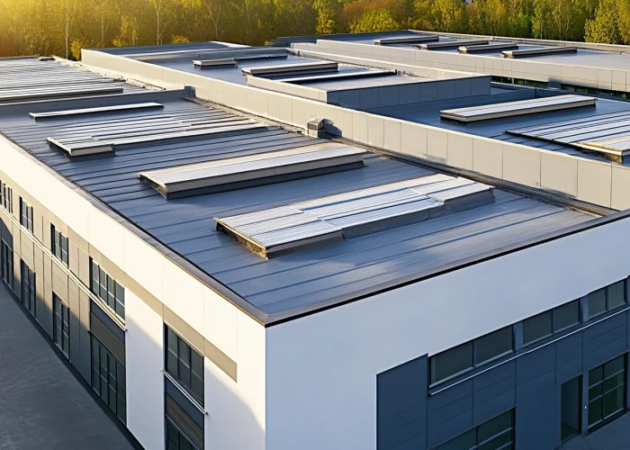Commercial roofing experts inspecting a large rooftop for repairs.