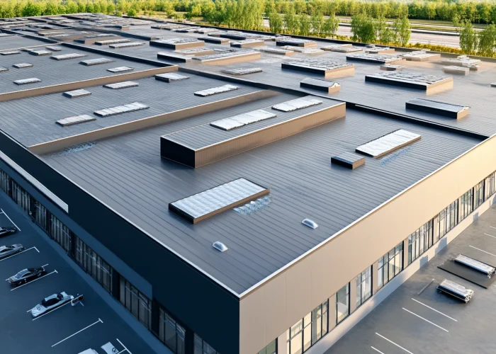 Commercial roofing experts inspecting a large rooftop for repairs.